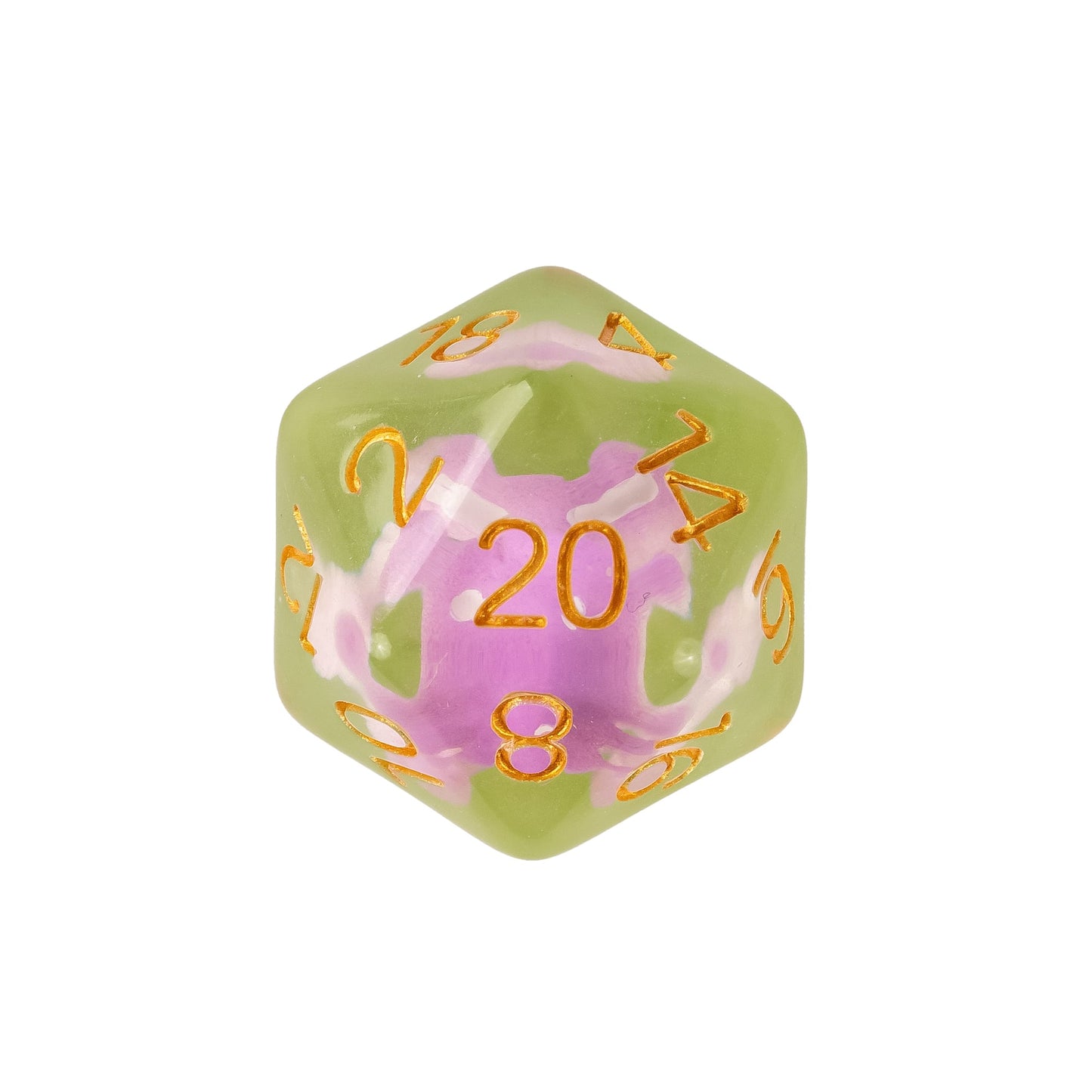 Close up of Mushroom Cap resin D20 featuring pastel green and pink swirls with gold numbering