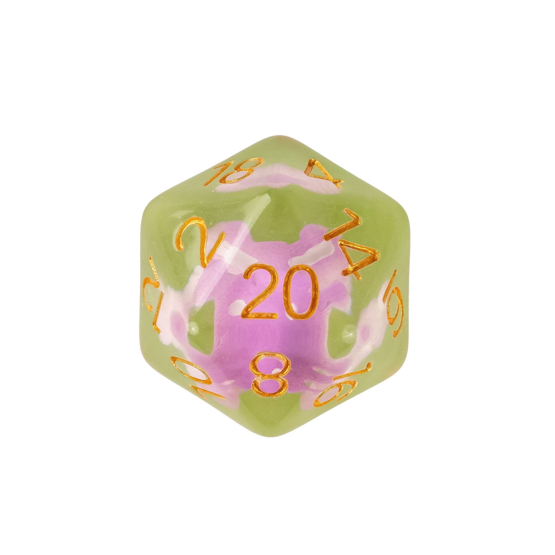 Close up of Mushroom Cap resin D20 featuring pastel green and pink swirls with gold numbering