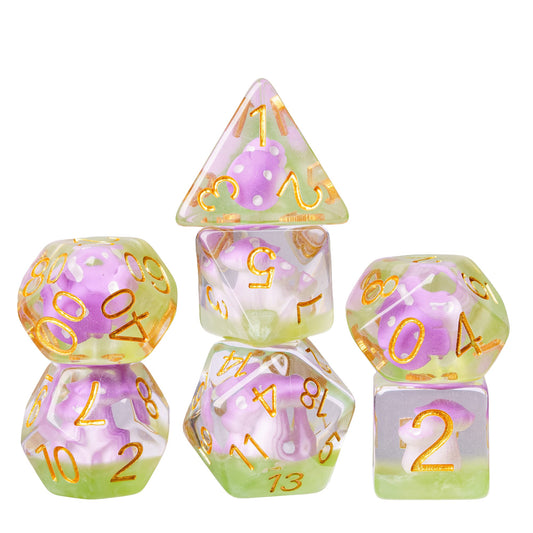 Mushroom Cap dice set stacked for display, transparent resin with miniature purple mushrooms for DnD and RPG
