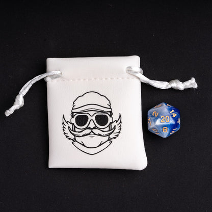 Blue white swirl D20 die beside Only Crits drawstring dice pouch