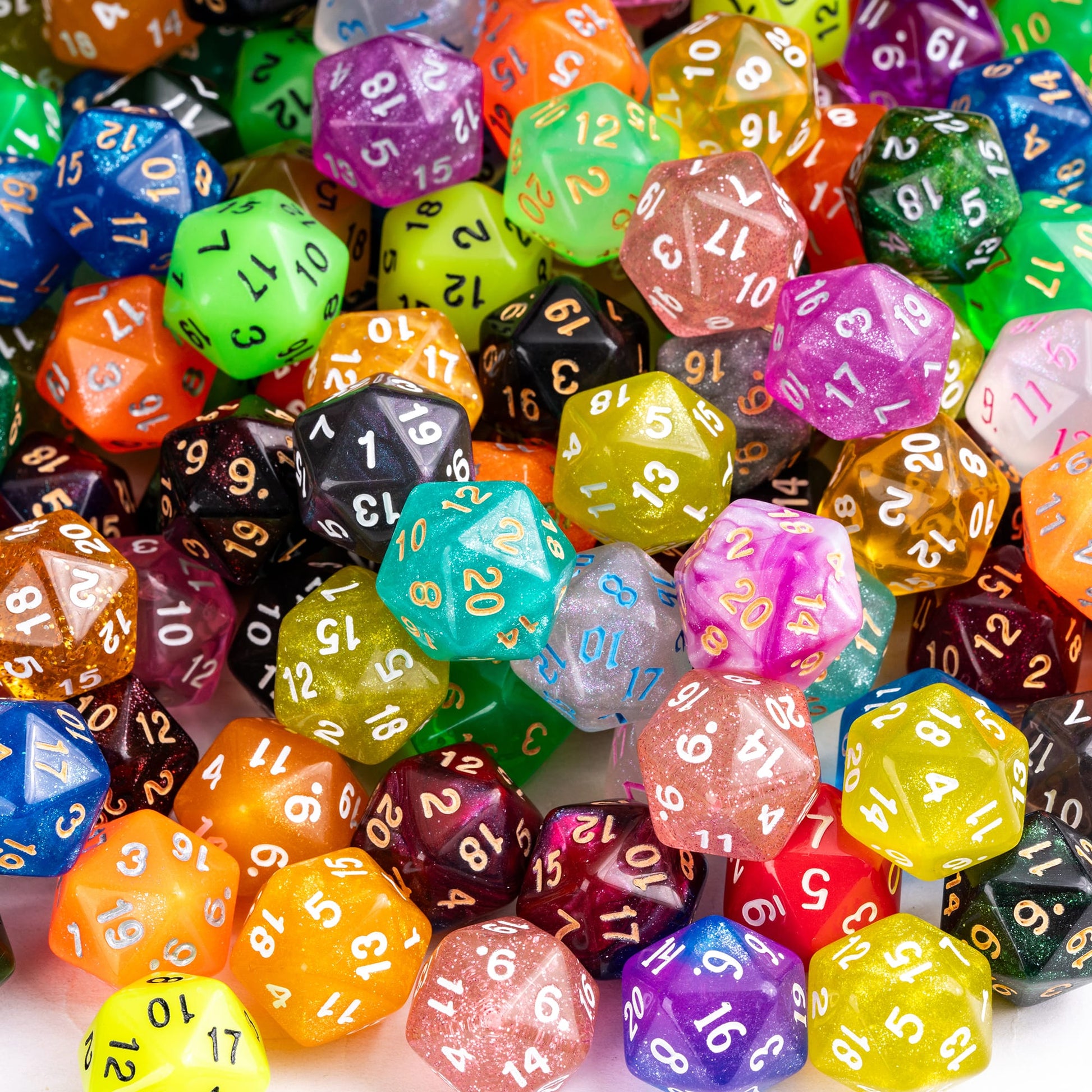 Close up of assorted random D20 dice in bright colors for DnD