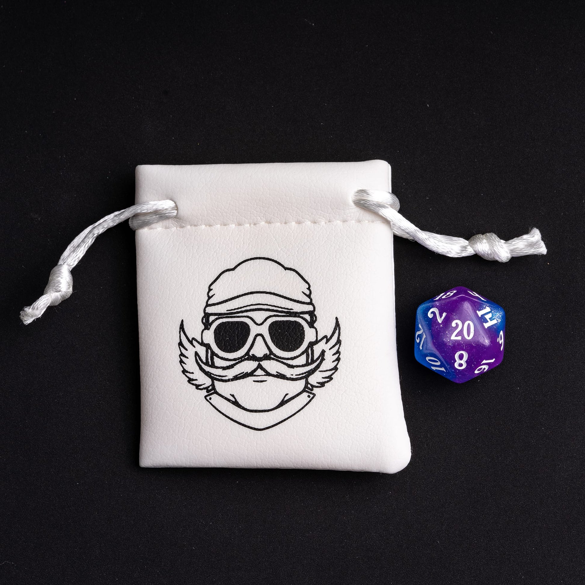 Purple blue D20 die beside Only Crits white dice pouch