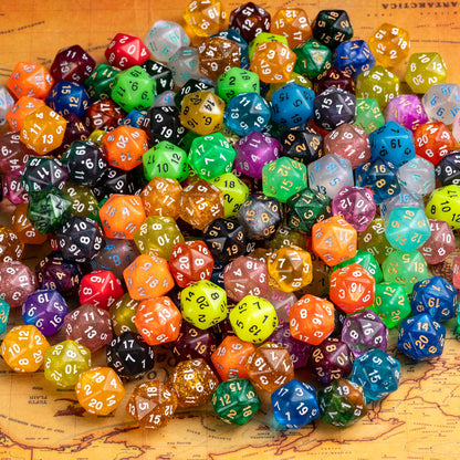 Colorful random D20 dice pile displayed on fantasy map background