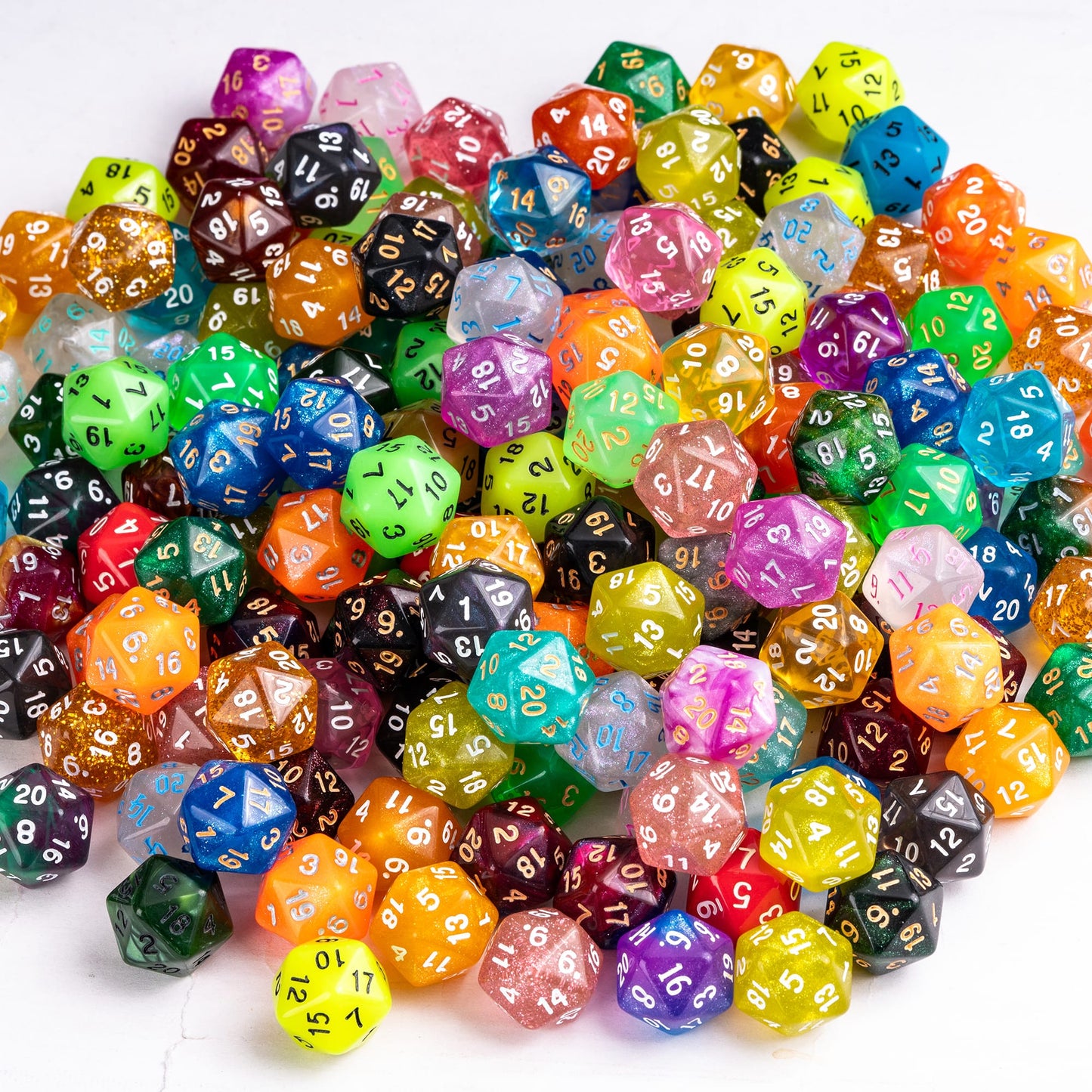 Pile of colorful random D20 dice for DnD tabletop players