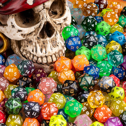 Random colorful D20 dice pile with pirate skull decoration for tabletop gamers