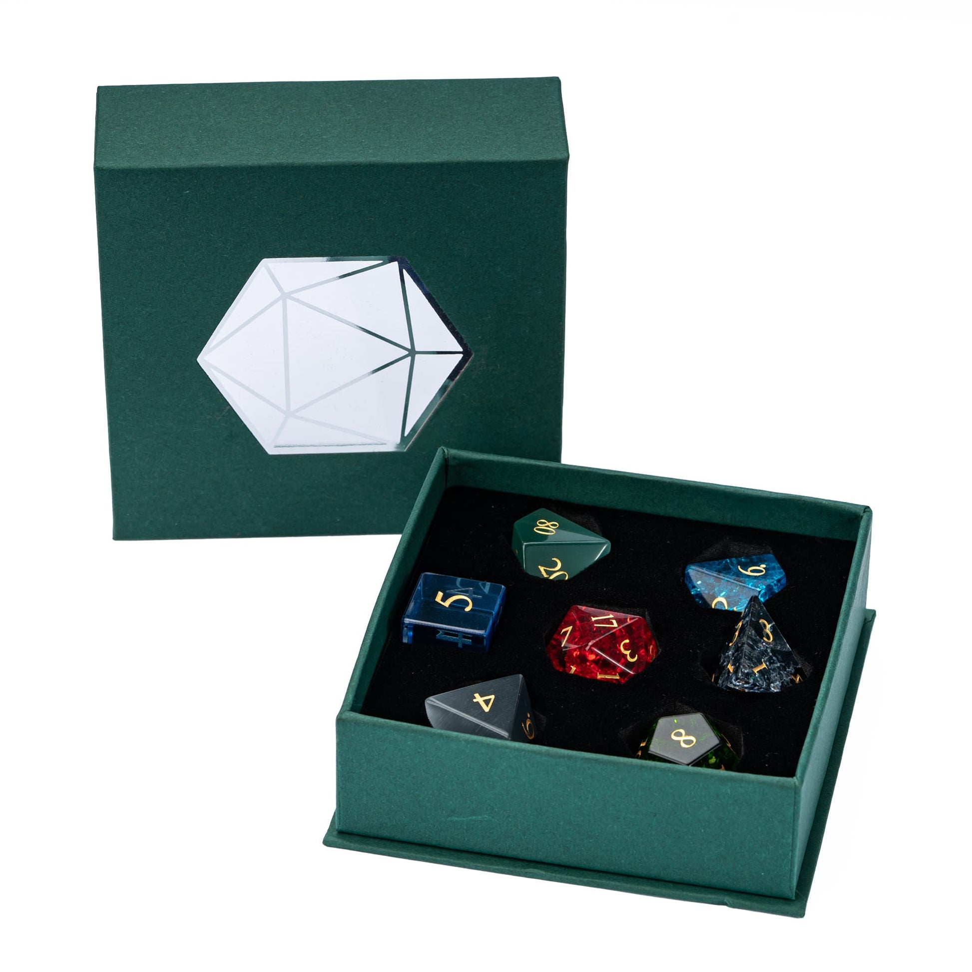 Mystery Package Gemstone & Glass Dice Set, boxed 7 piece dice gift for DnD & DnD 5e