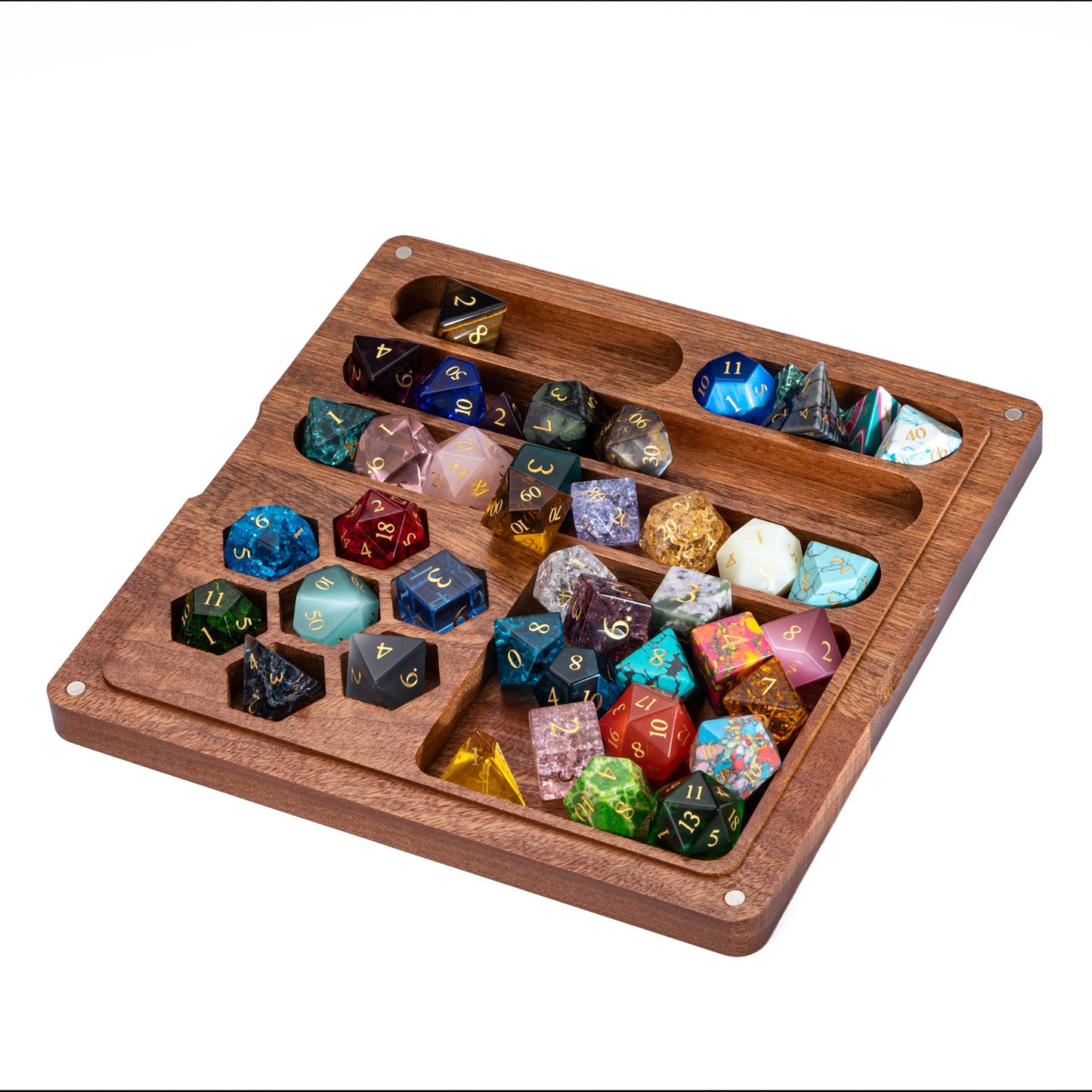 Wooden tray filled with assorted gemstone and glass polyhedral dice