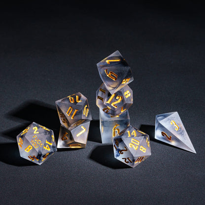 Nimbus Noir F*ck Me sharp edge dice set stacked showing smoky resin and sharp edges