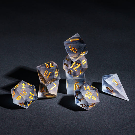 Nimbus Noir F*ck Me sharp edge dice set stacked showing smoky resin and sharp edges