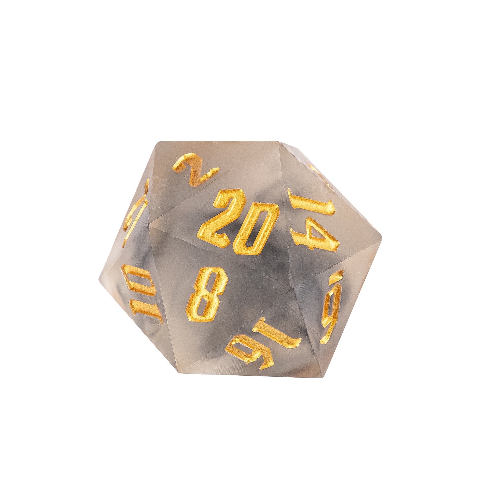 Close up of Nimbus Noir sharp edge D20 in black and gray smoke resin with metallic gold numbers for DnD
