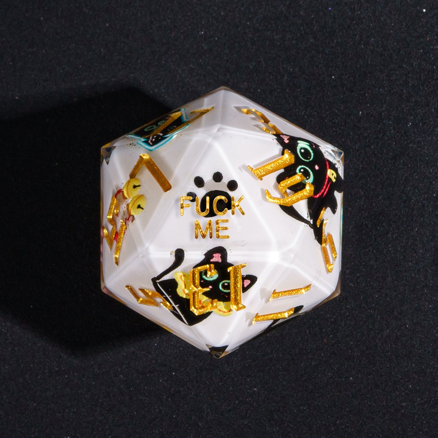 Close up of Nocturne Whiskers Fuck Me D20 with black cat graphics and gold numbering for DnD