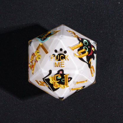 Close up of Nocturne Whiskers Fuck Me D20 with black cat graphics and gold numbering for DnD