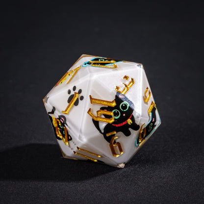 Close-up of Nocturne Whiskers black cat D20 sharp edge dice for tabletop RPG players