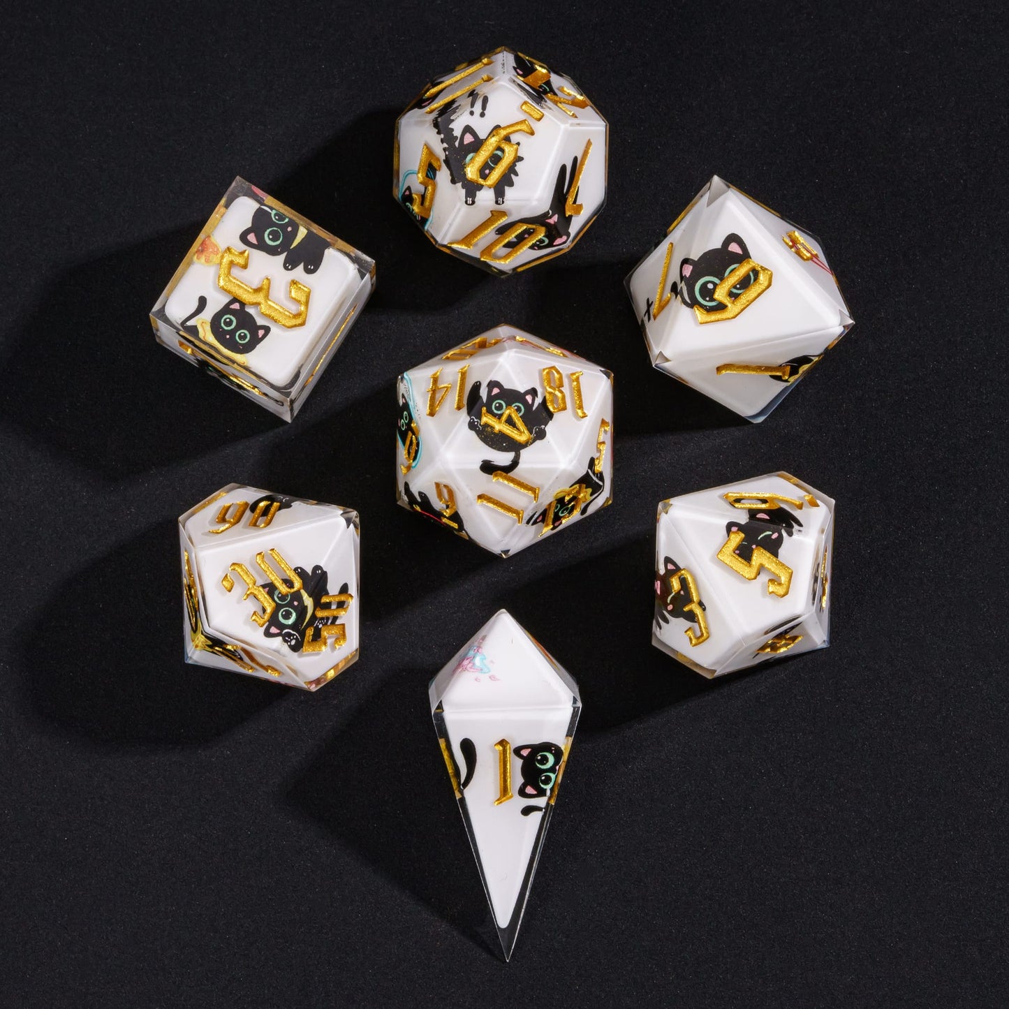 Overhead view of Nocturne Whiskers 7-piece sharp edge dice set for DnD players