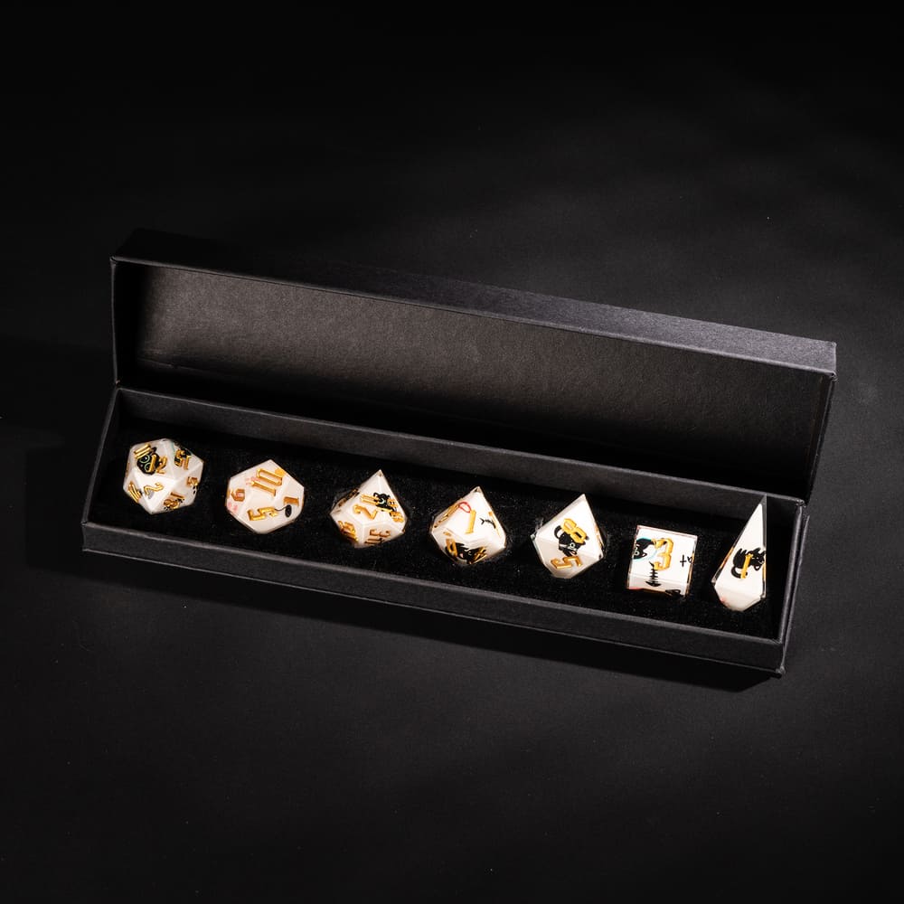Nocturne Whiskers sharp edge dice set displayed in black presentation gift box