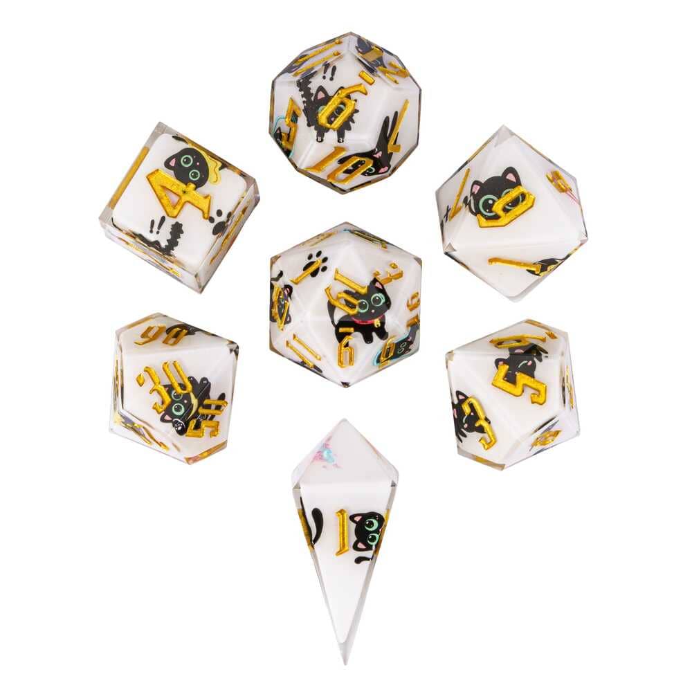 Top view of Nocturne Whiskers sharp edge dice set with playful black cat artwork