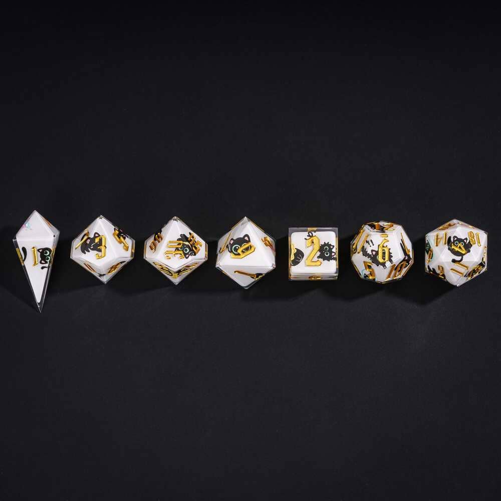 Nocturne Whiskers DnD sharp edge dice full 7 piece lineup with black cat illustrations