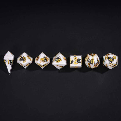 Nocturne Whiskers DnD sharp edge dice full 7 piece lineup with black cat illustrations
