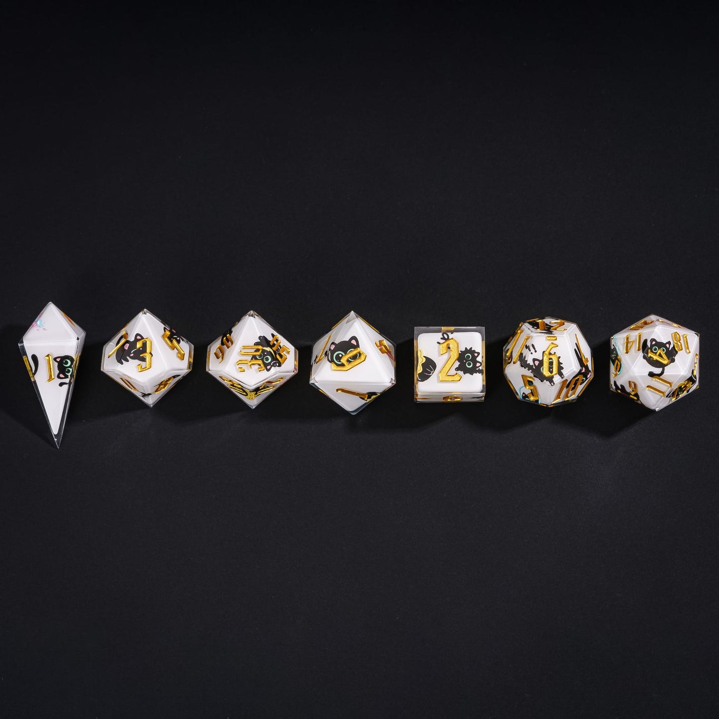 Full 7-piece Nocturne Whiskers sharp edge dice set with black cat art for DnD