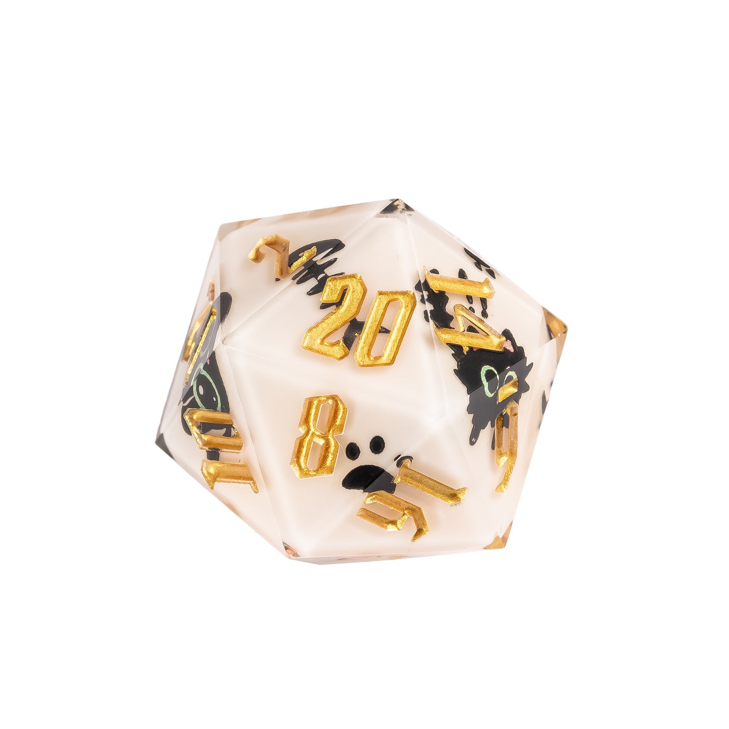Nocturne Whiskers sharp edge D20 with black cat art and gold numbering