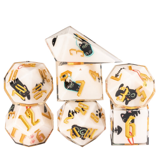 Black cat themed sharp edge dice set with gold numbers and milky white resin finish