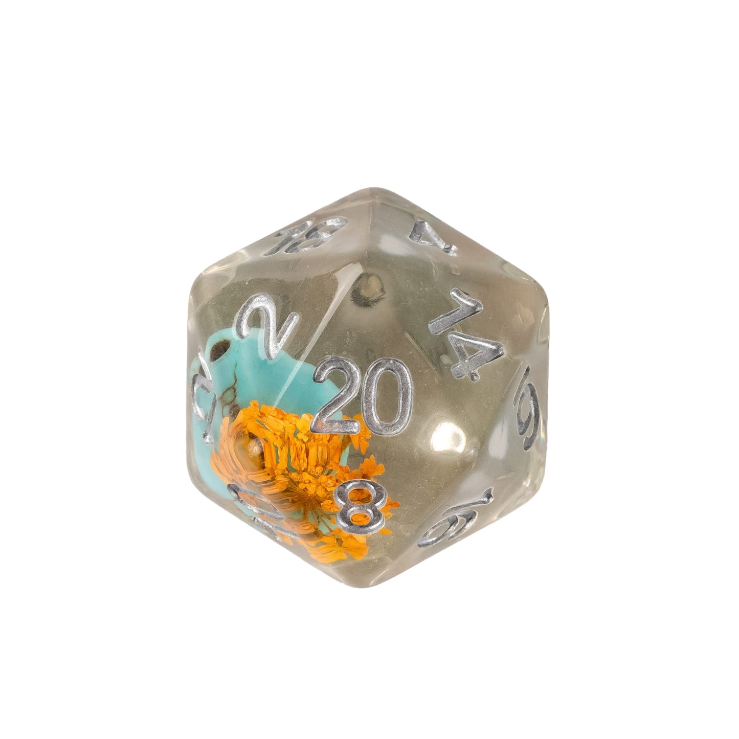 Transparent resin D20 featuring a turquoise skull, orange coral accents, and silver numbering.