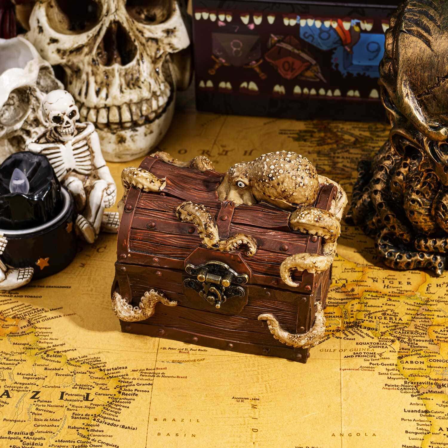 Octopus Chest Dice Case displayed on fantasy tabletop map with dice for DnD & DnD 5e