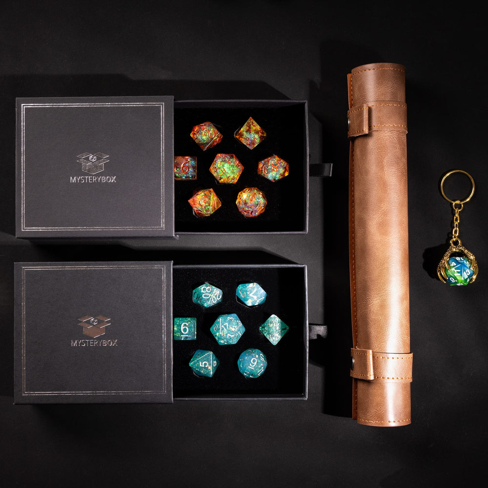 Deluxe Mystery Box example: two dice sets with a leather dice rolling mat and keychain