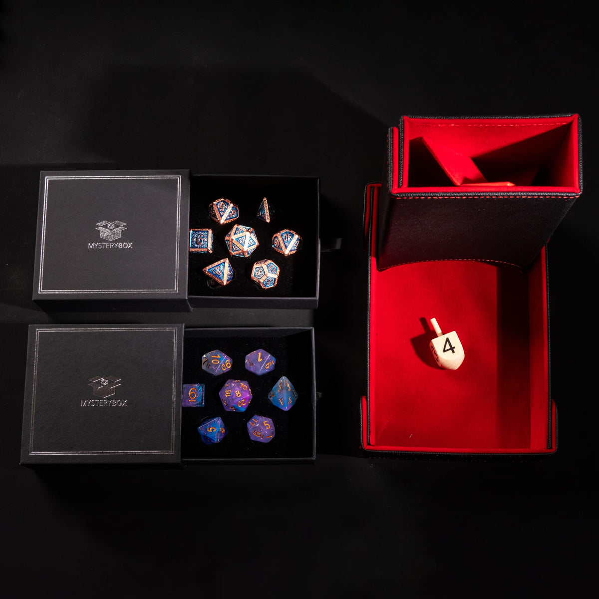 Deluxe Mystery Box example: two dice sets with a dice tray and tower combo and wooden D4