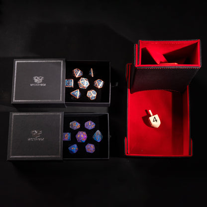 Deluxe Mystery Box example: two dice sets with a dice tray and tower combo and wooden D4