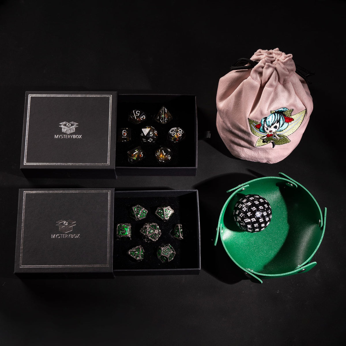 Deluxe Mystery Box example: two dice sets with a velvet dice bag, mini tray and D100