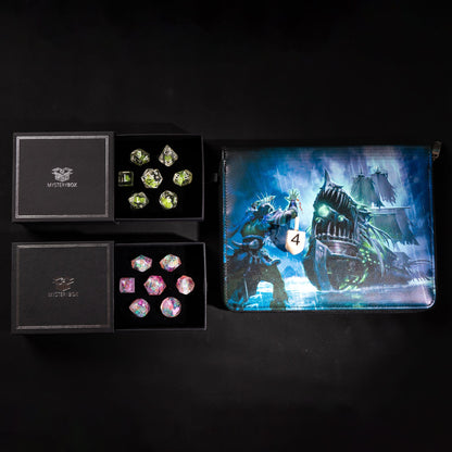 Deluxe Mystery Box example: two dice sets with an illustrated dice case and wooden D4
