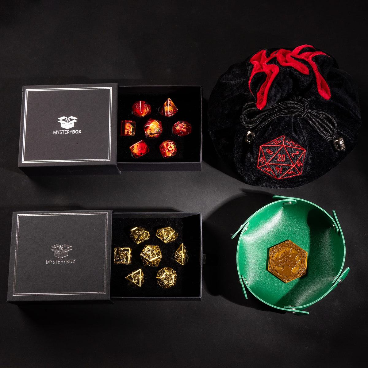 Deluxe Mystery Box example: two dice sets with an embroidered velvet dice bag, mini tray and coin