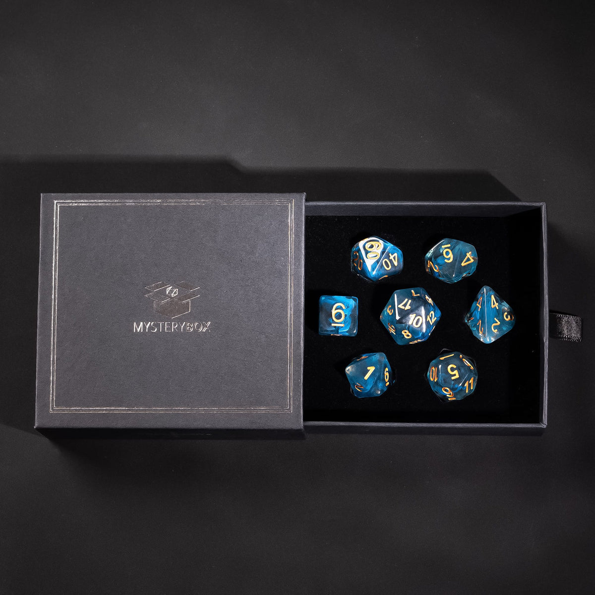 Classic Mystery Box open with a blue resin DnD dice set inside