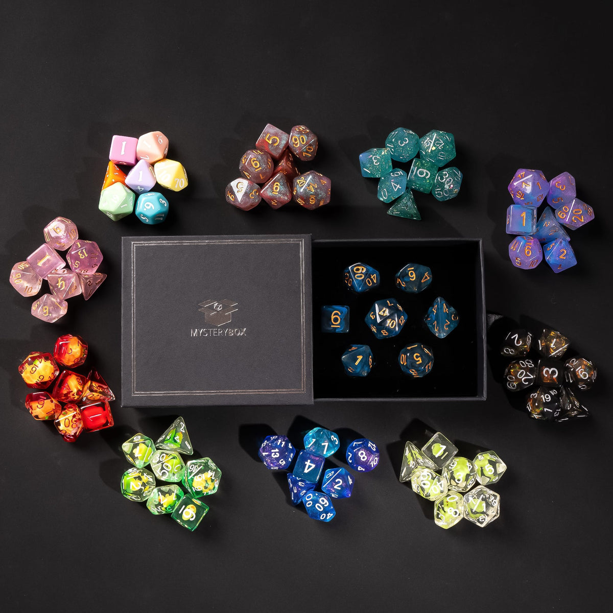 Example resin dice sets from the Classic Mystery Box around an open mystery box