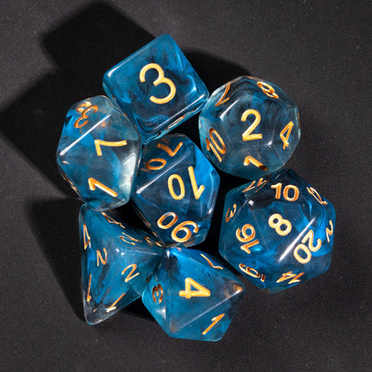 Example Classic pull: blue swirl resin dice set with gold numbers