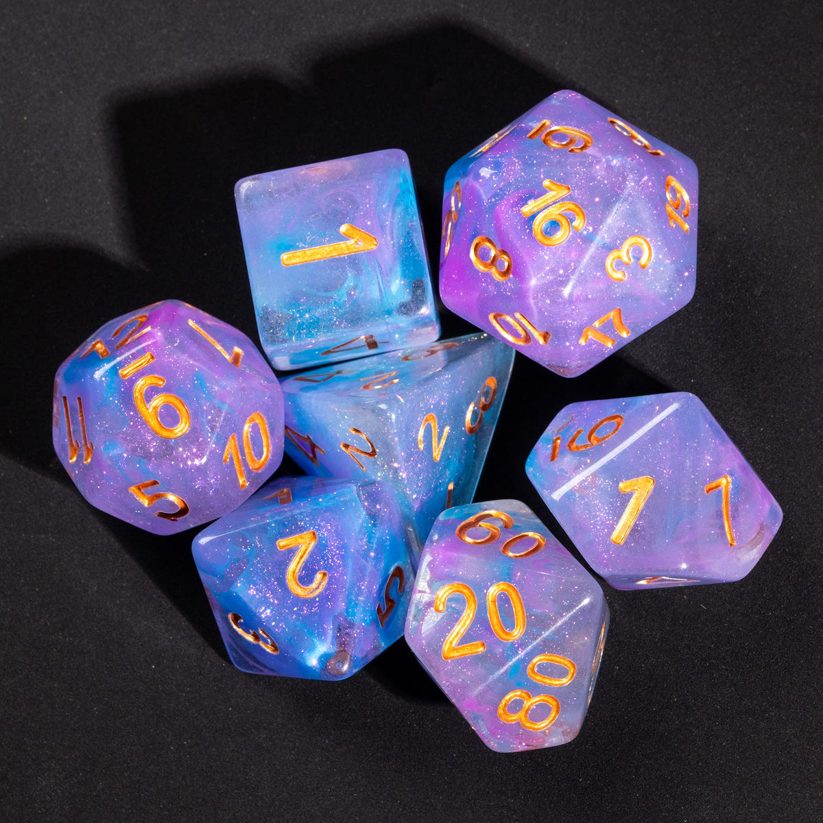 Example Classic pull: purple and blue glitter resin dice set