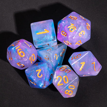 Example Classic pull: purple and blue glitter resin dice set