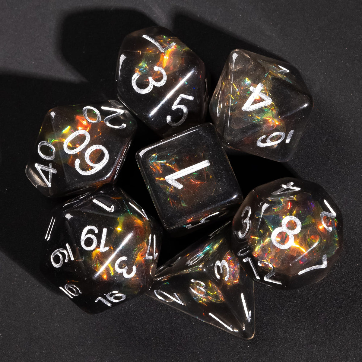 Example Classic pull: clear iridescent resin dice set