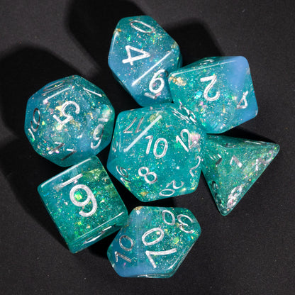 Example Classic pull: teal glitter resin dice set