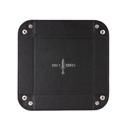 Flat view of Only Crits Dice Tray with logo, foldable leather RPG dice rolling tray