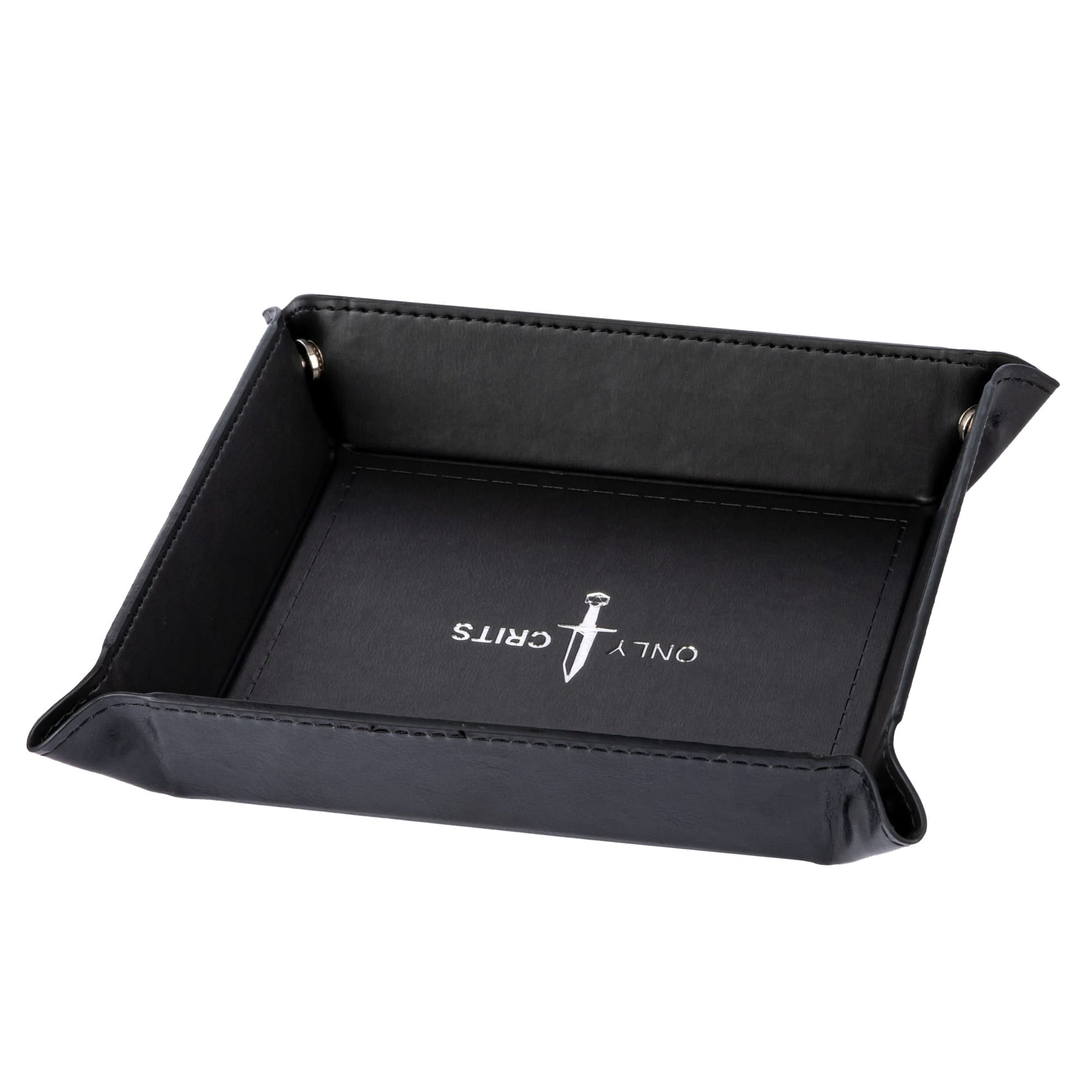 Side angled view of Only Crits Dice Tray, black leather foldable dice rolling tray for RPGs
