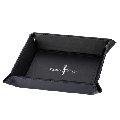 Side angled view of Only Crits Dice Tray, black leather foldable dice rolling tray for RPGs