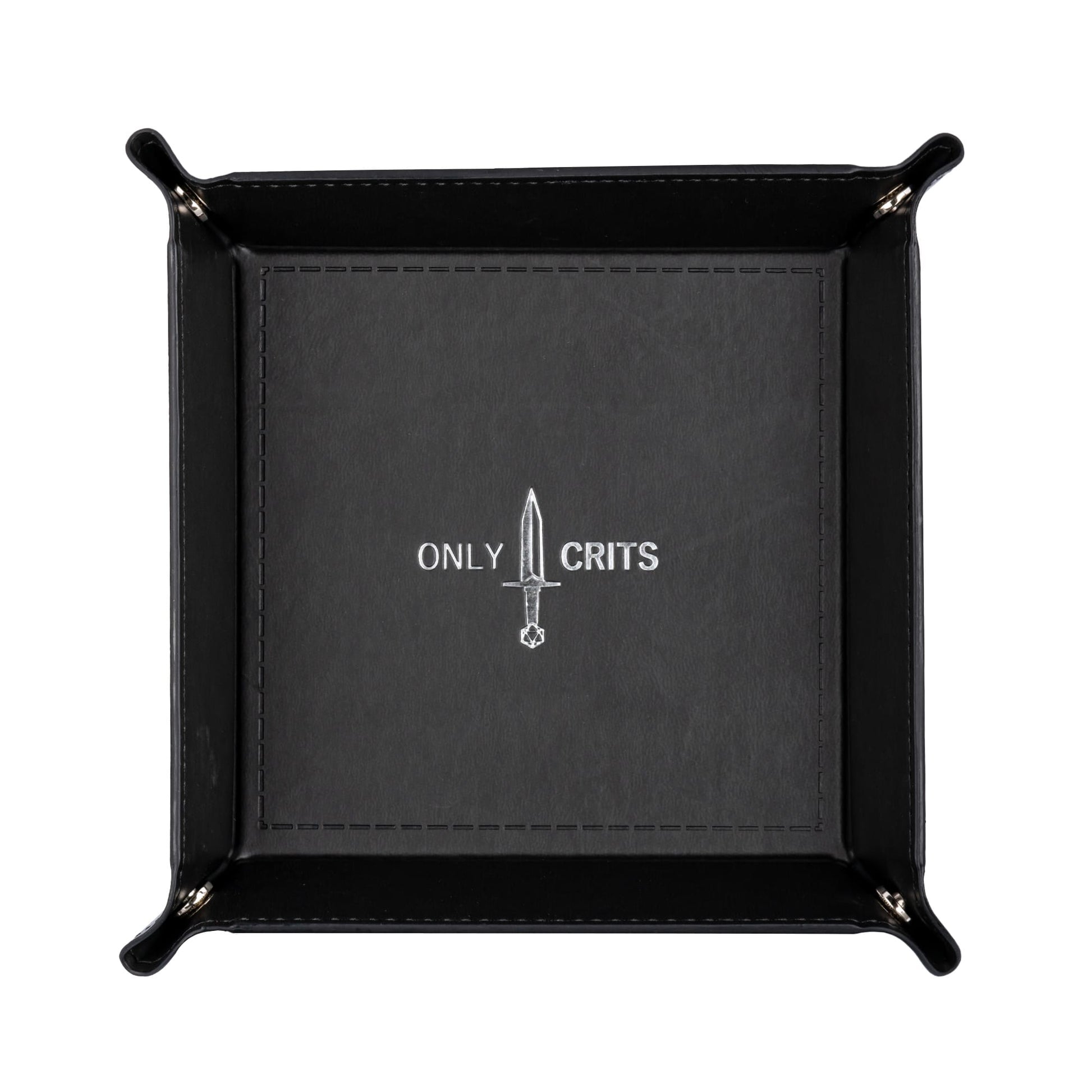 Top view of Only Crits Dice Tray with silver sword logo, premium tabletop RPG dice tray