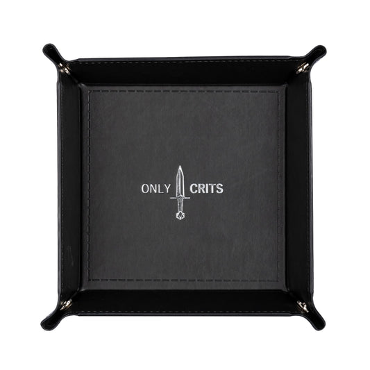 Top view of Only Crits Dice Tray with silver sword logo, premium tabletop RPG dice tray