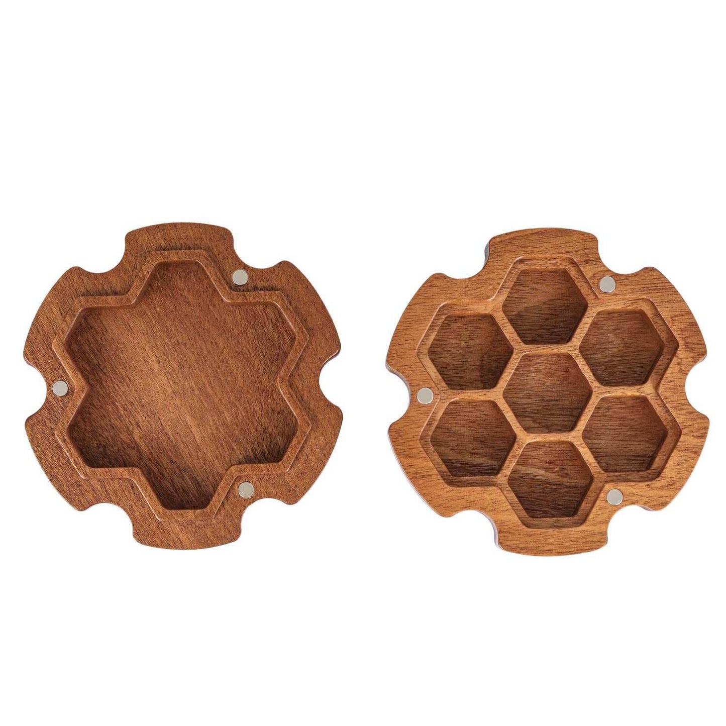 Two halves of Dragon Gear Vault case shown open with empty hexagon compartments