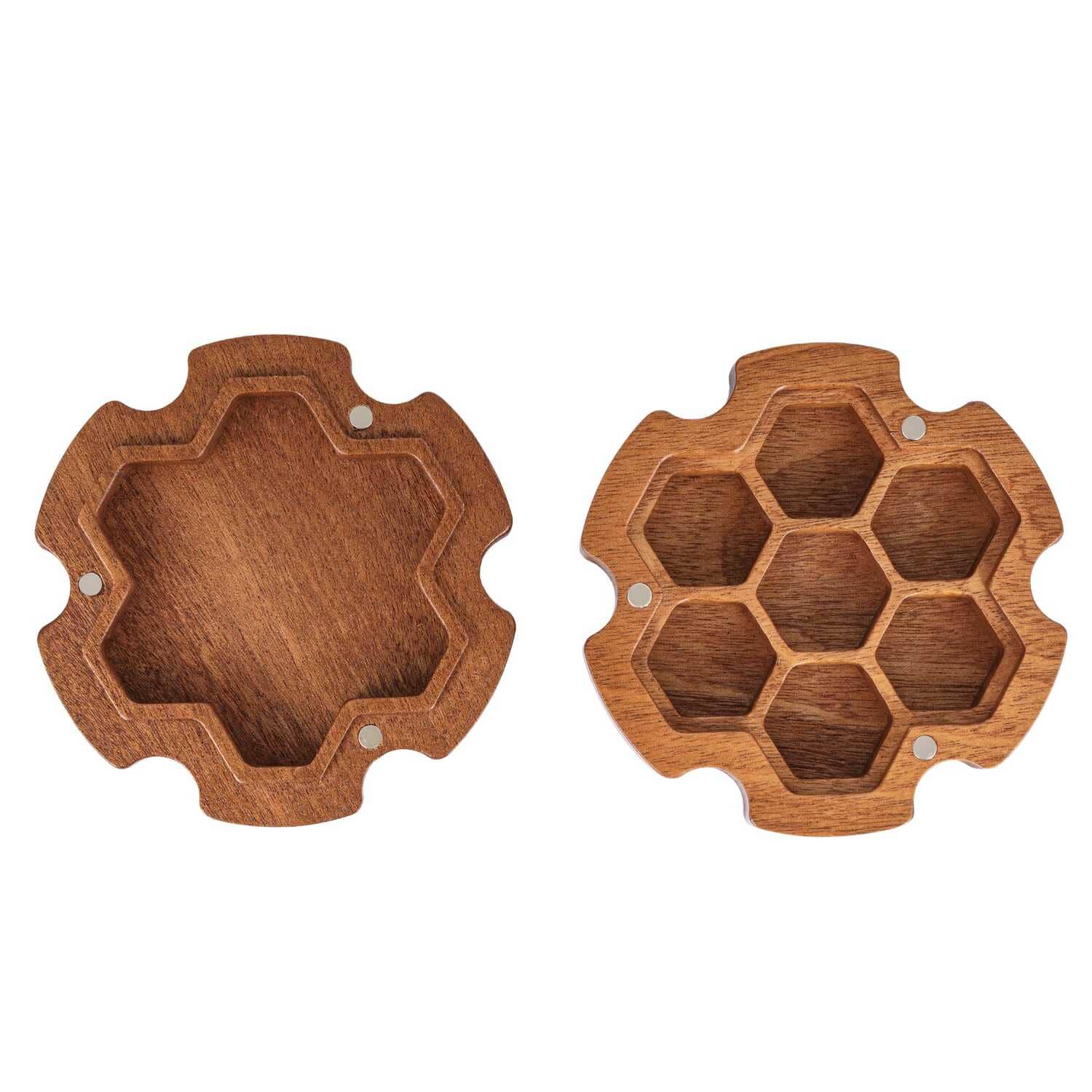 Two halves of Dragon Gear Vault case shown open with empty hexagon compartments