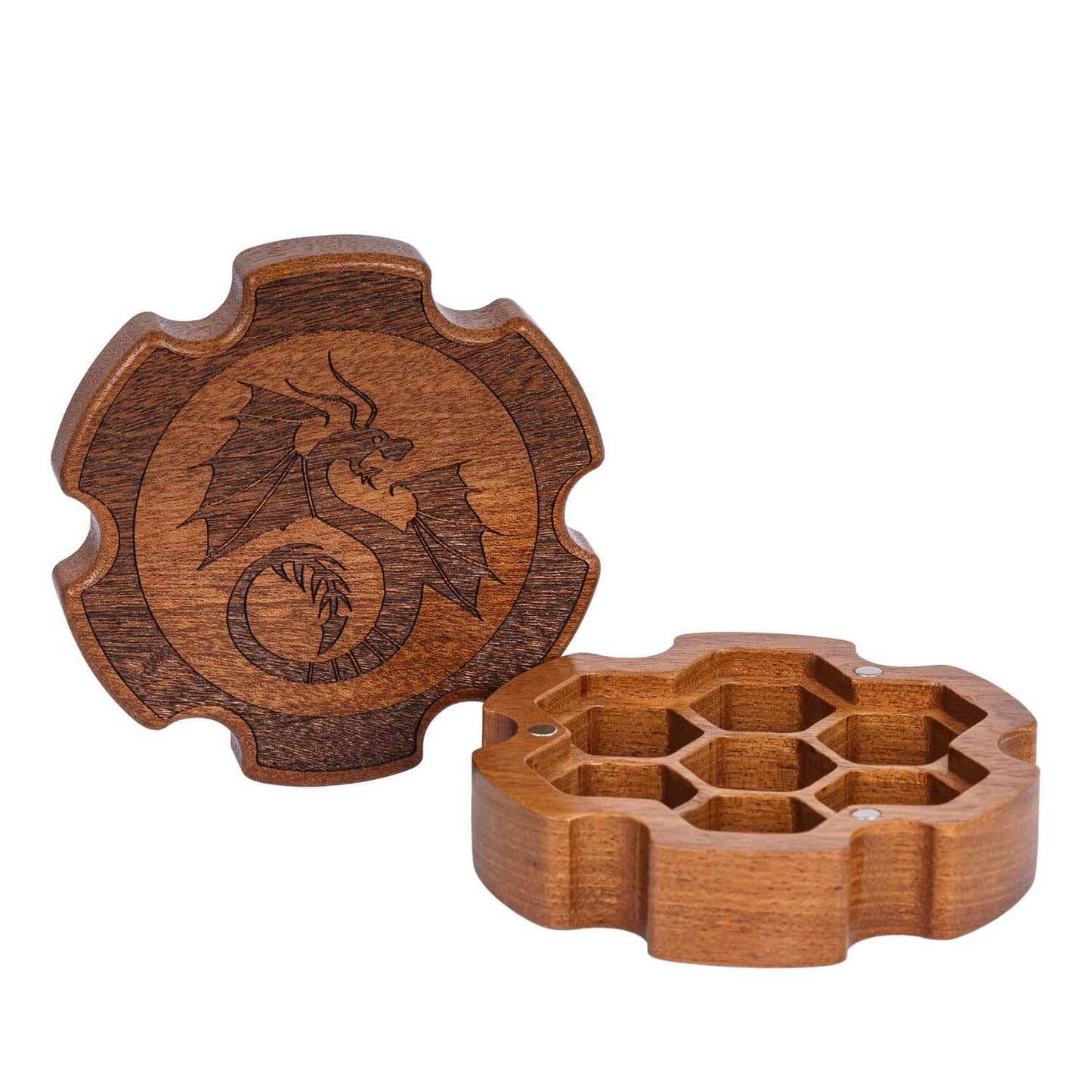 Dragon Gear Vault case with engraved dragon lid standing beside open storage half