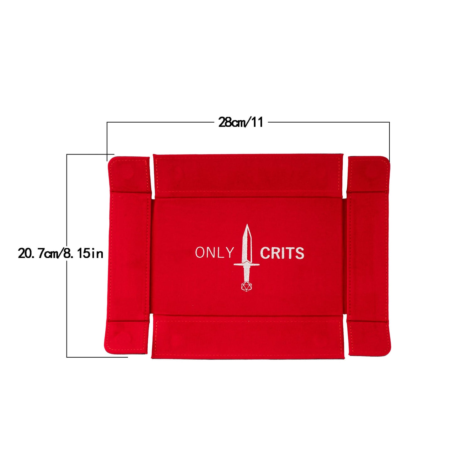 Only Crits Guildmaster Dice Tray dimensions showing 28 cm by 20.7 cm foldable PU leather dice tray for tabletop RPGs