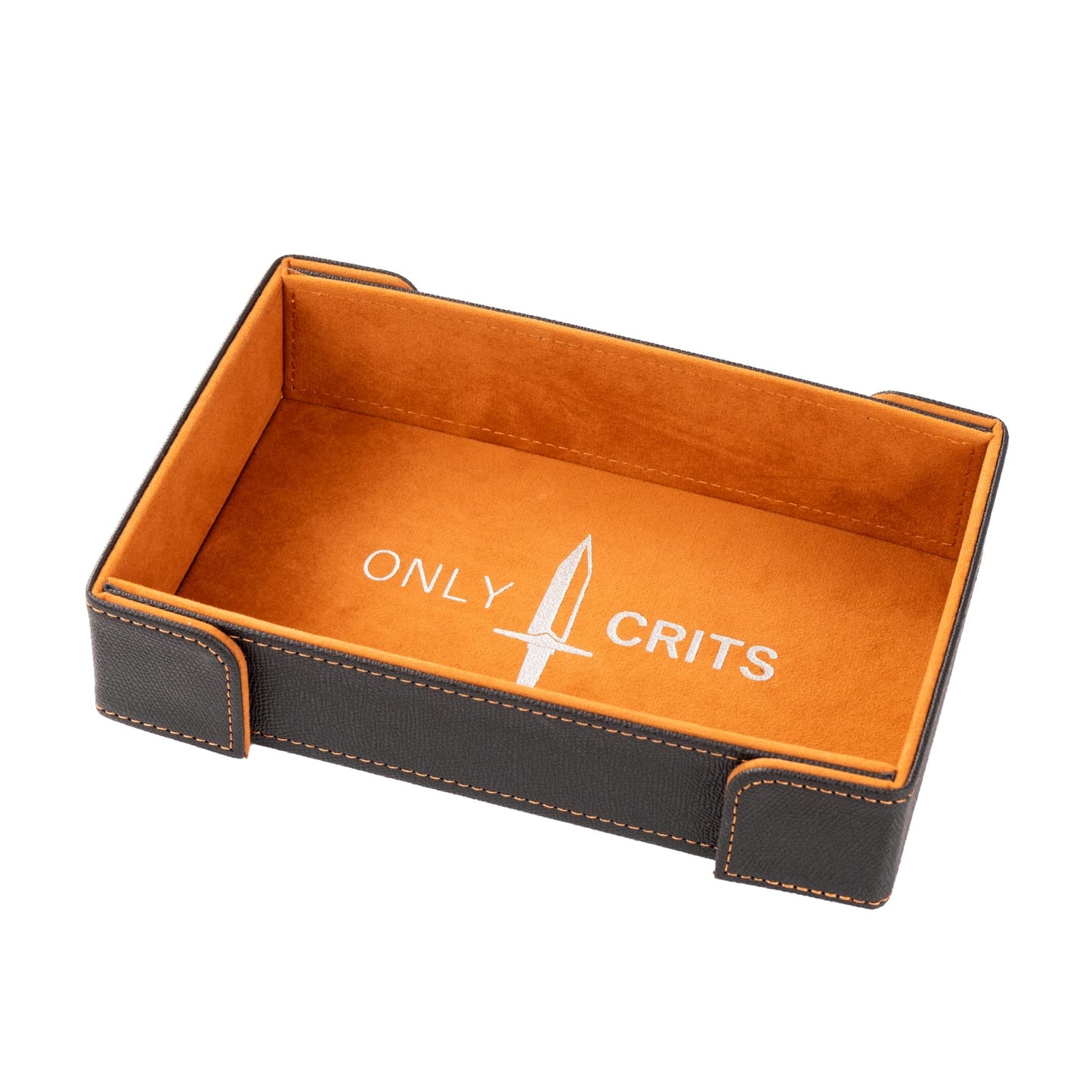 Only Crits Guildmaster Dice Tray in orange displaying a full RPG dice set on a soft protective lining